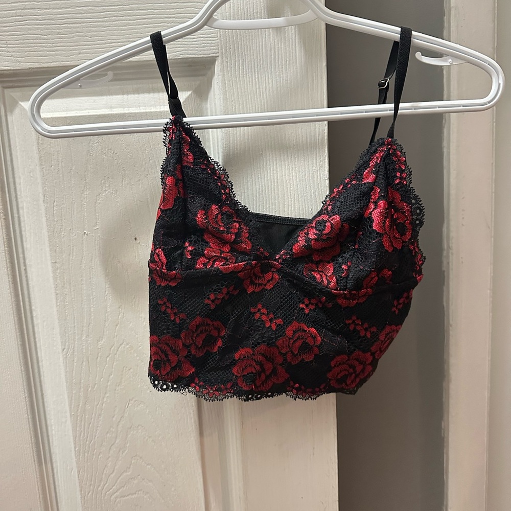 SHEIN Black Lace Bralette with Red Rose Detail